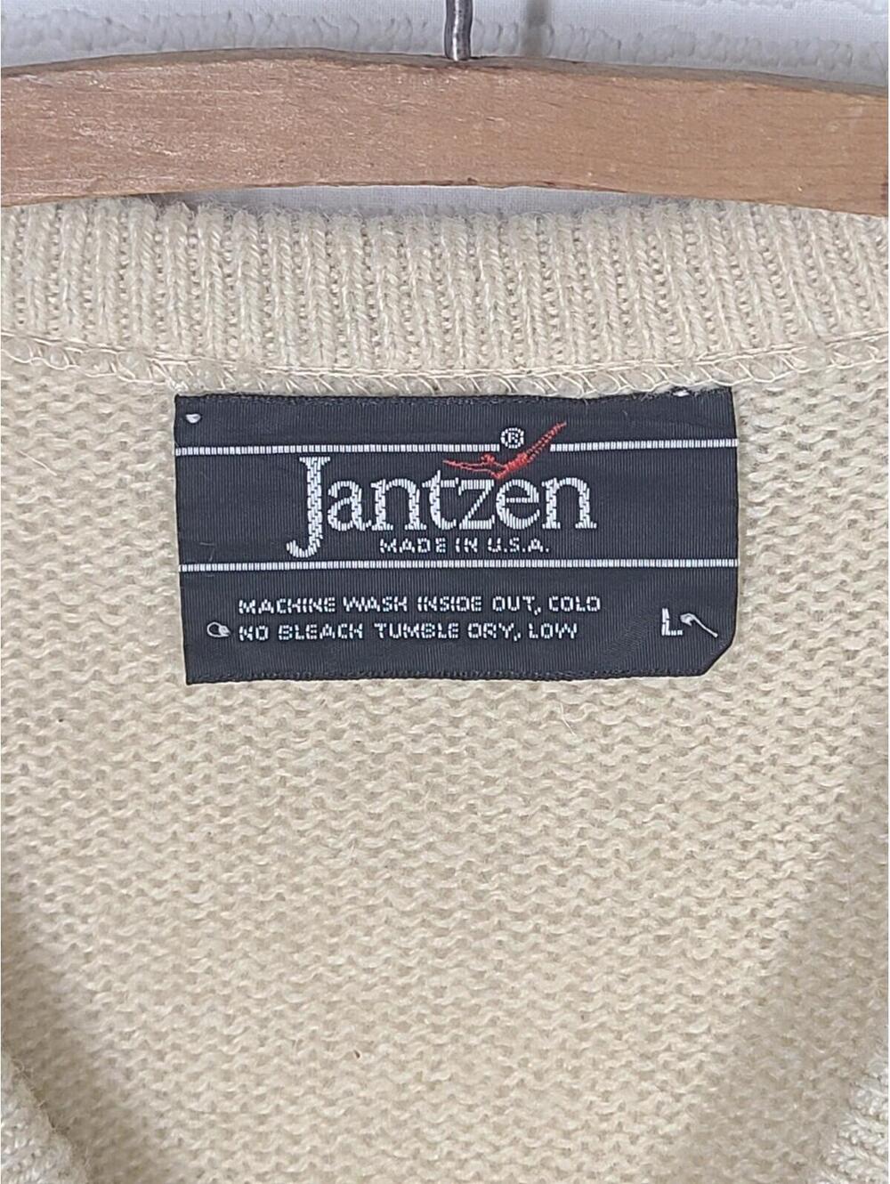 Vtg Mens Sweater Knit V Neck Jantzen 70% Wool Blend Large Beige Retro Neutral - Picture 3 of 9
